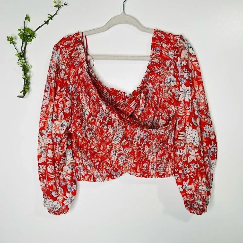 Free People Pink Red White Floral Crop Puff Blouson Sleeve Blouse
